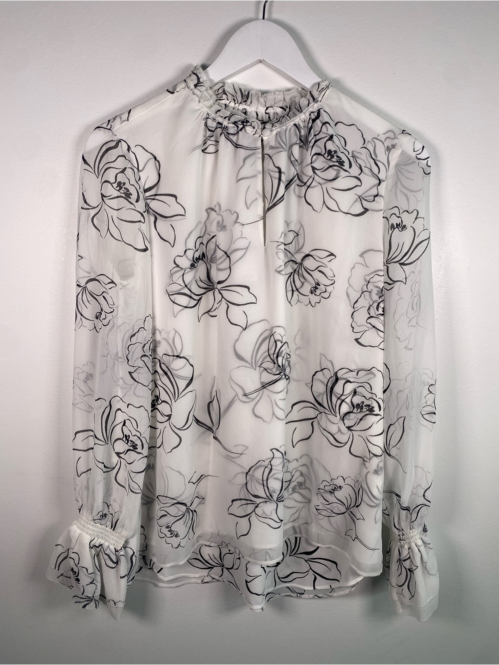 NWT White House Black Market White Sheer Floral Ruffle-Neck Blouse